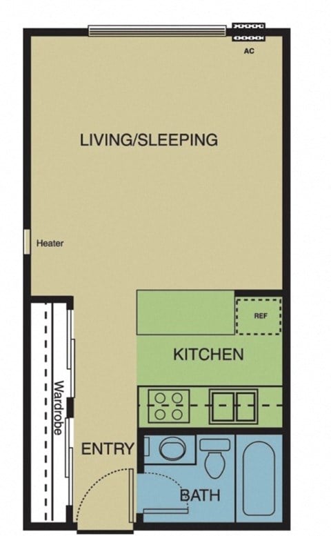 Floor plan for studio, 1 bath, 400 sqft